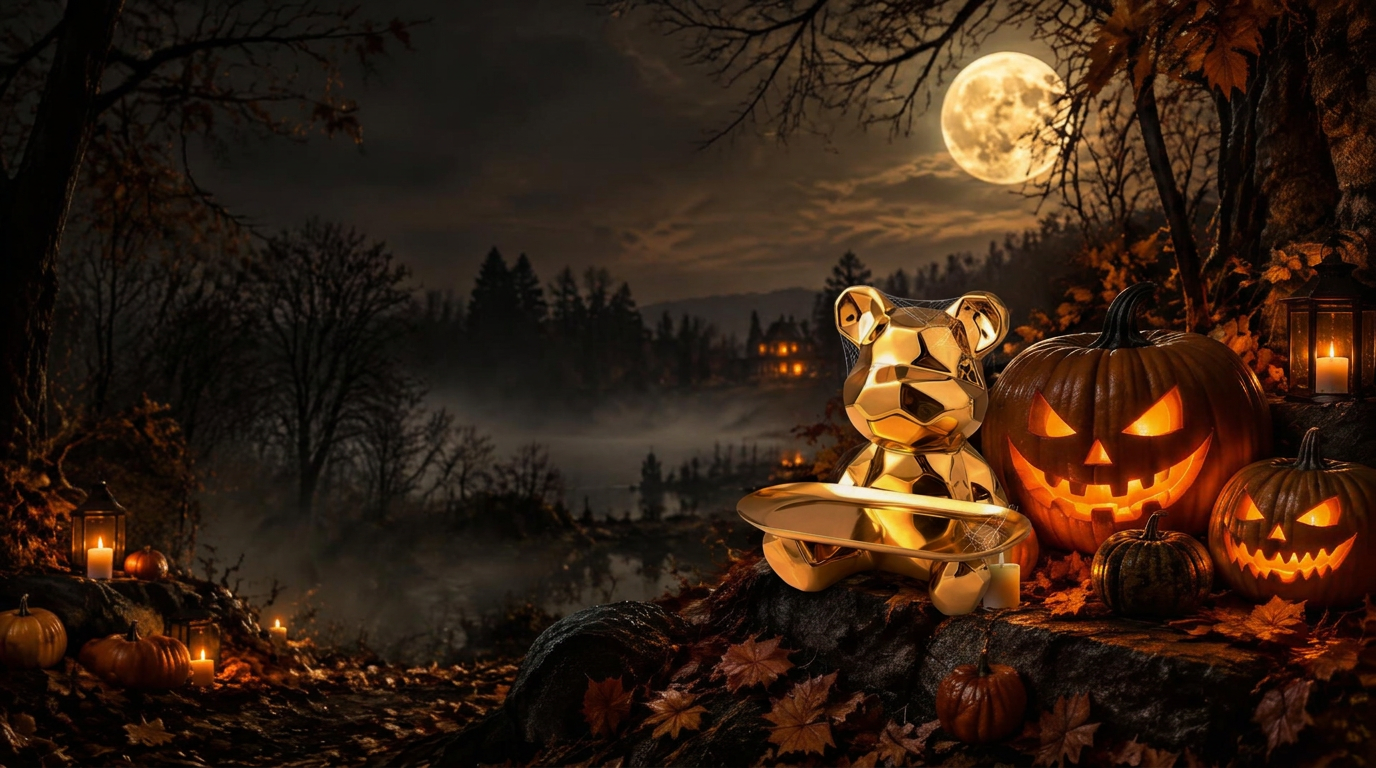 Figurină MoneyBear aurie cu pânze fine de păianjen lângă un dovleac Halloween luminat, sub luna plină
